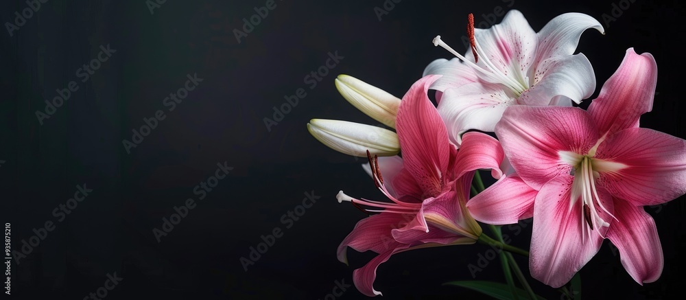 Poster bright pink and white belladonna lily blooms. copy space image. place for adding text and design