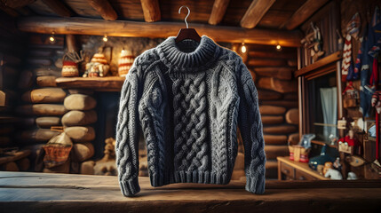 Fototapeta premium A cozy knitted sweater in a rustic cabin setting