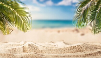 seascape with palm branches and clean sand in the foreground