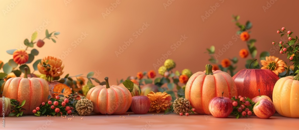 Poster autumn or thanksgiving arrangement featuring pumpkins and apples. copy space image. place for adding