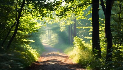 The peaceful forest path, the sun shines through the leaves, creating a peaceful atmosphere.