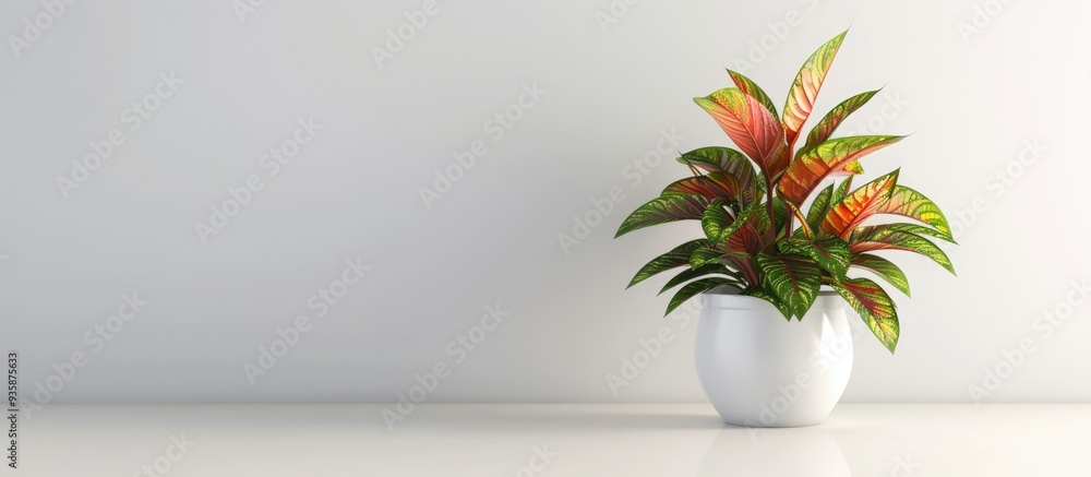 Poster Small indoor green and red plant in a white pot sitting on the table isolated on a white background. Copy space image. Place for adding text and design