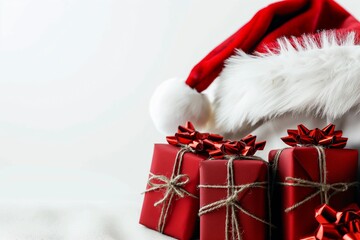 Red gift boxes in santa claus hat on white background