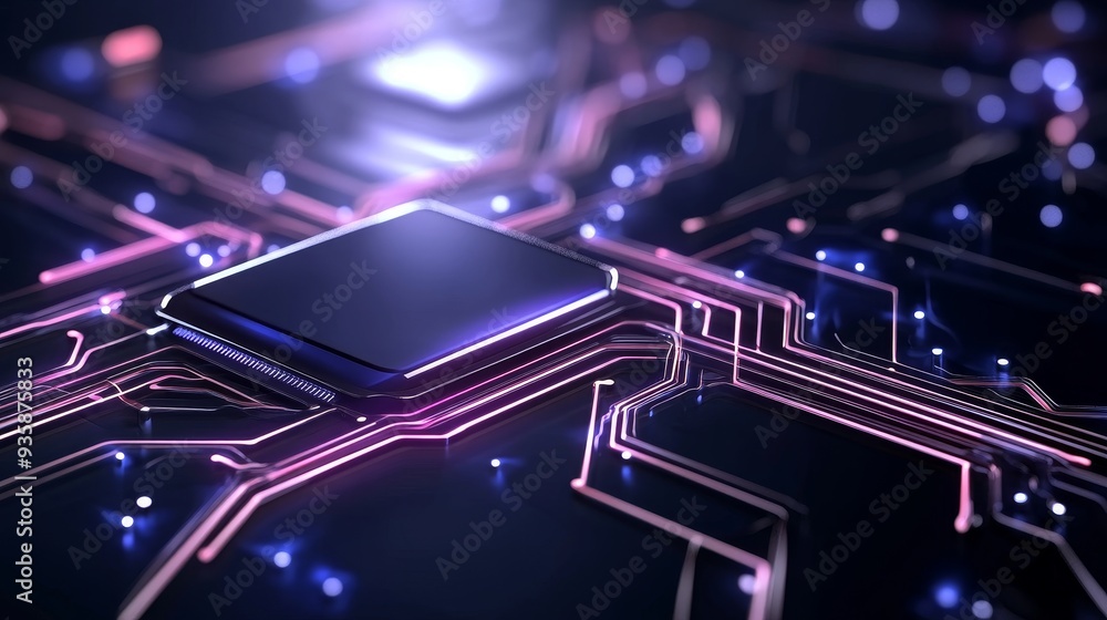 Poster futuristic circuit board with glowing lines and central processor - a close-up view of a futuristic 