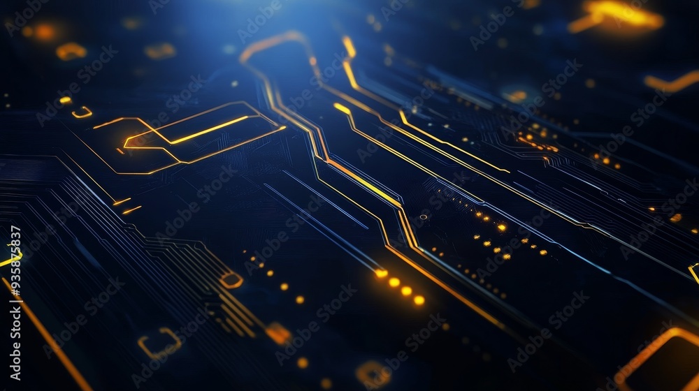 Poster futuristic circuit board with glowing lines - abstract background with glowing lines representing te