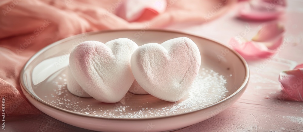 Poster a pair of heart shaped marshmallows on a plate for valentine s day in a romantic setting. copy space