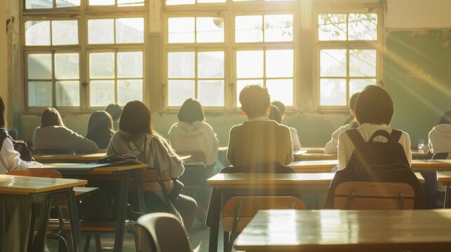 Students focused on a lesson in a sunlit classroom with rays of light creating a warm and inviting academic atmosphere.