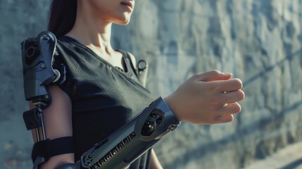 A person with advanced robotic arm prosthetics adjusts the technology outdoors, depicted with a modern, innovative vibe against a subtle industrial backdrop.