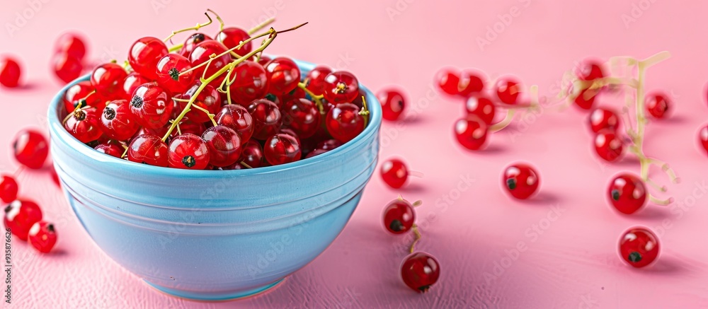 Poster fresh red currants in a blue bowl on a pink background summer berry fruit nutritious fruits and food