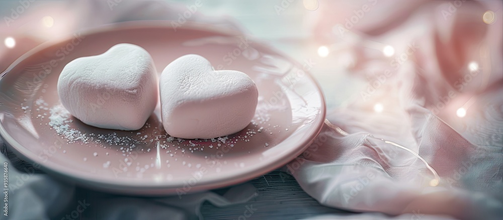 Poster a pair of heart shaped marshmallows on a plate for valentine s day in a romantic setting. copy space