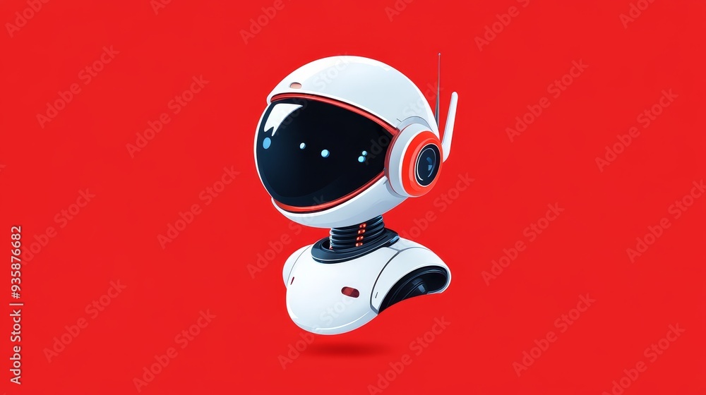 Poster futuristic robot head with red background - a white robot head with orange accents, looking forward 