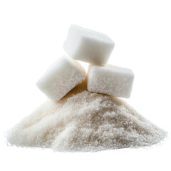 A close-up view of granulated sugar with sugar cubes stacked on top isolated on a white background.