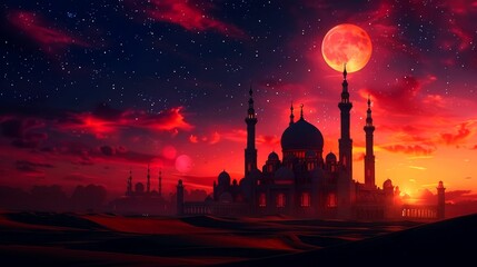 Silhouetted Mosque Against a Blood Red Sky and Moon