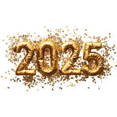 Wrinkly Gold glitter 2025 numbers, balloons foil 2025 isolated png.