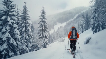 A skier traverses a quiet backcountry ski route, surrounded by snow-covered trees and a misty atmosphere, capturing the essence of winter adventure