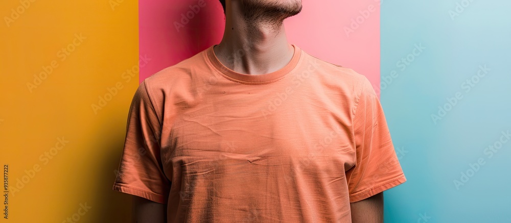Aufkleber man wearing a fashionable t shirt against a colorful backdrop. copy space image. place for adding te