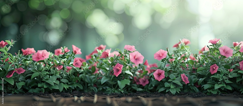 Poster petunia flowers in the flower bed enhancing the urban landscape background with selective focus. cop