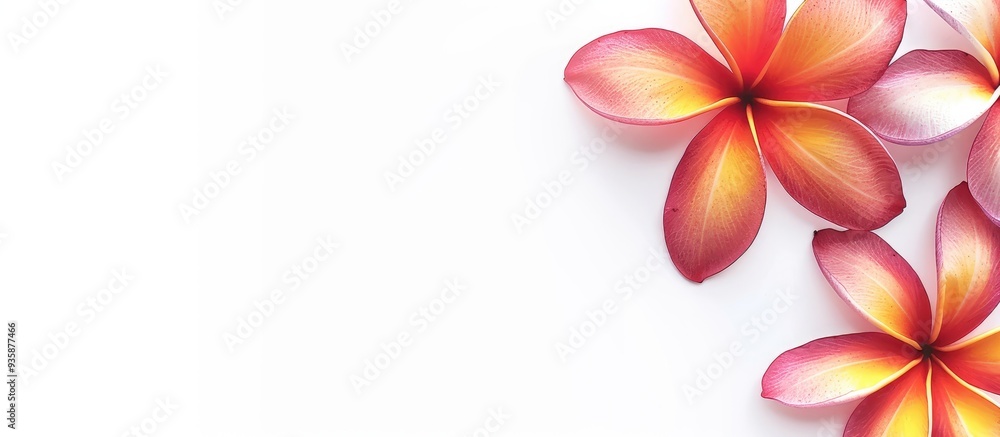 Poster frangipani flower set against a white background. copy space image. place for adding text and design