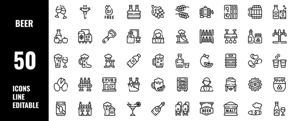 50 Beer Icons Set Line Editable Vector Illustration