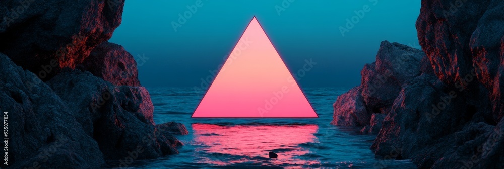 Wall mural glowing triangle in ocean between rocks - a pink glowing triangle is situated in the ocean between t