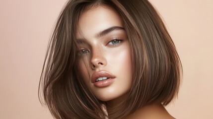 A young woman with a sleek bob haircut showcases a natural makeup look, exuding confidence in front of a soft peach backdrop.