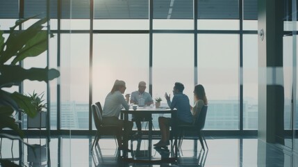 Fototapeta premium Four colleagues are engrossed in a discussion around a table in a spacious, sunlit conference room, reflecting clarity and teamwork in a professional setting.