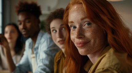 Fototapeta premium A woman with vibrant red hair, surrounded by friends, smiles brightly during a lively discussion in a welcoming and green-filled cafe.