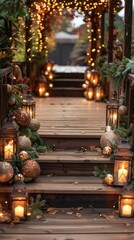 Fototapeta premium Wooden staircase adorned with Christmas lights and ornaments, creating a festive, warm atmosphere. Ideal for holiday home decor inspiration.