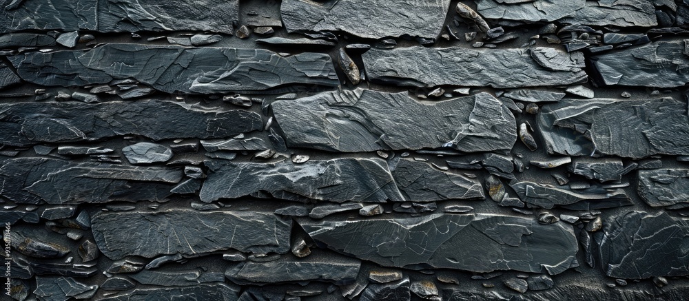 Poster contemporary thin layered slate stone wall texture pattern background broad front perspective. copy 