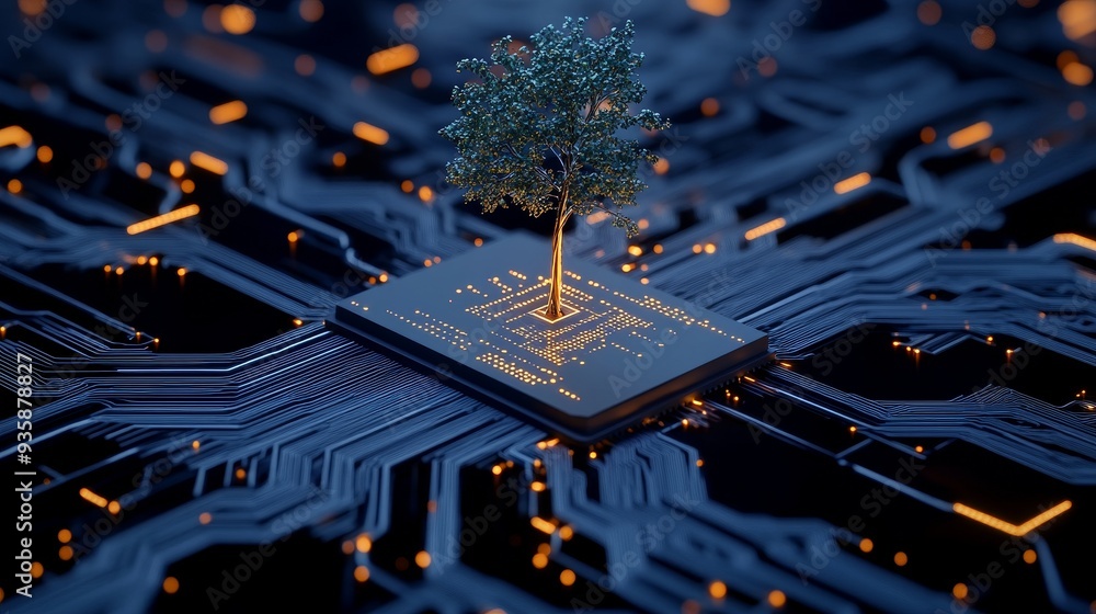 Poster green technology: nature and technology merge - a tree growing from a computer chip, symbolizing the