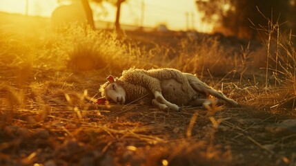 Fototapeta premium A sheep peacefully rests on a sunlit field, bathed in the golden glow of a sunset, evoking tranquility and the simplicity of rural life.