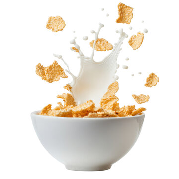 A splash of milk and crispy cereal in a white bowl isolated on a white background.