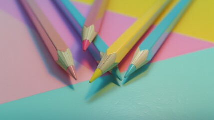 A set of brightly colored pencils arranged geometrically on a pastel-colored background, capturing a vibrant and creative essence.