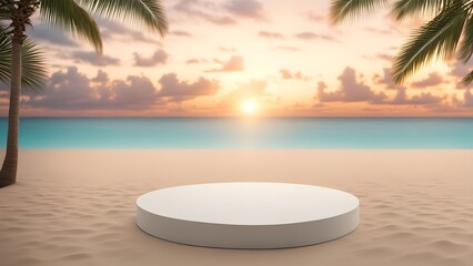 rendering a podium pedestal product display on tropical sunset beach background