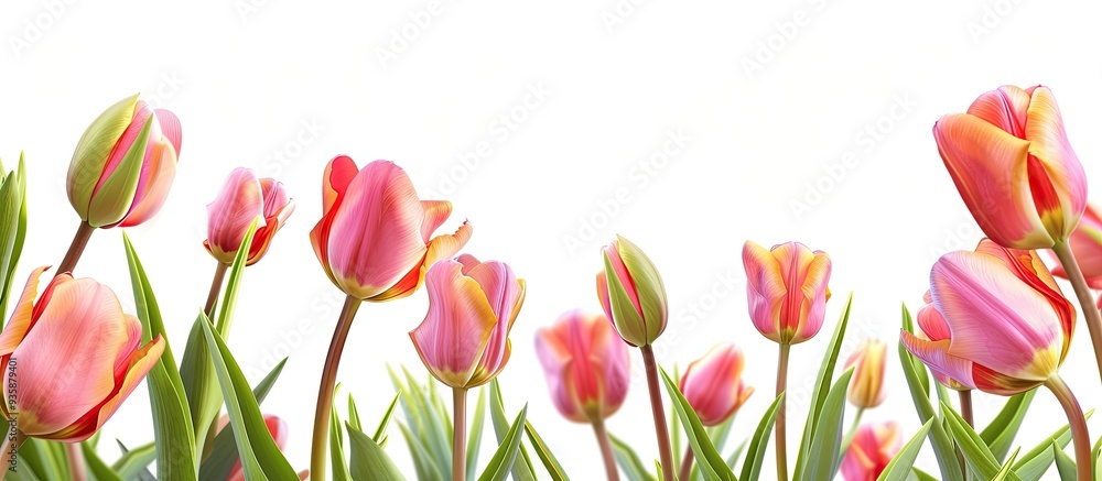Poster pink and orange tulips on a blank white background template. copy space image. place for adding text