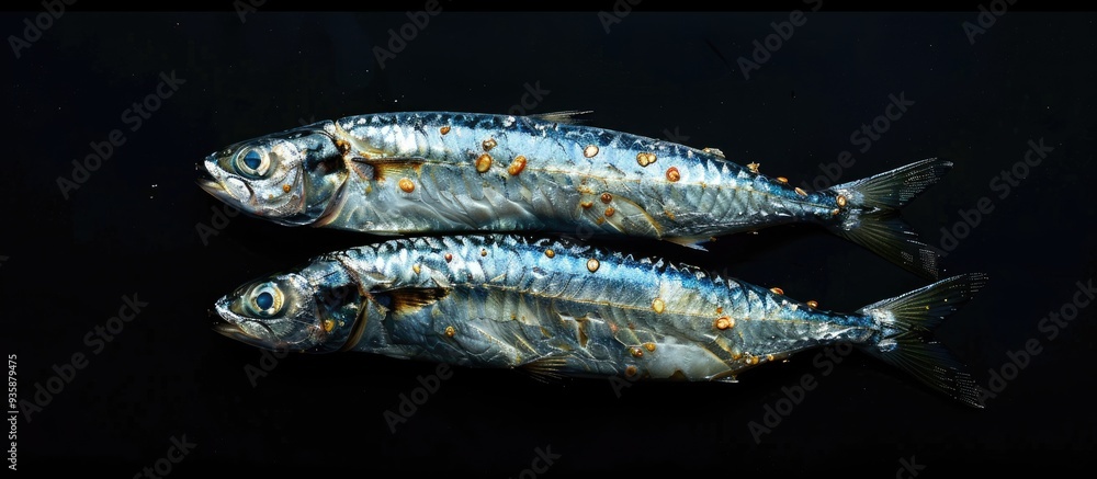 Poster fresh sardines set against a black background fresh fish healthy food idea top view. copy space imag