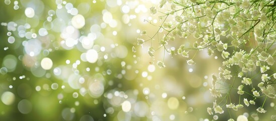 Fototapeta premium Defocused summer natural backdrop featuring blurred white flower umbrella inflorescence and copy space