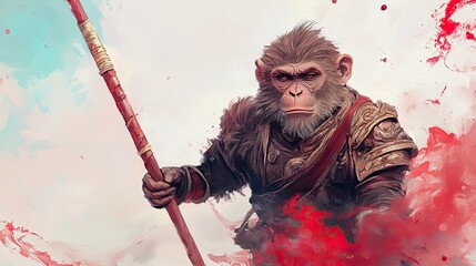 The Monkey King Sun Wukong in Battle, Symbolizing Bravery and Power in Chinese Mythology


