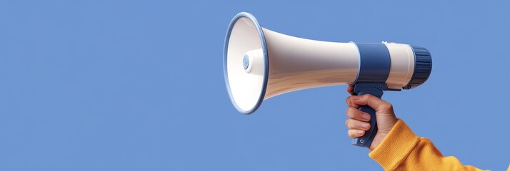 Naklejka premium Hand Holding Megaphone on Blue Background - A hand holding a megaphone, symbolizing communication, announcement, public speaking, marketing, and promotion.