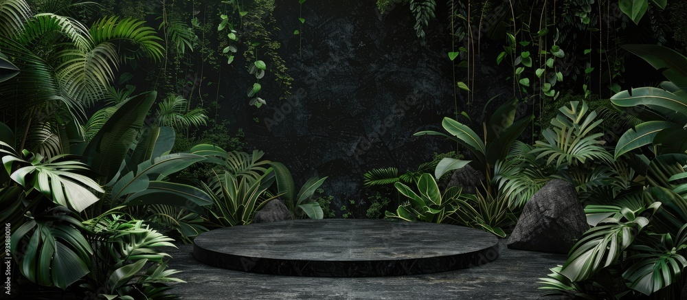 Poster Empty Black Stone Platform Surrounded by Lush Plants Against a Dark Background. Copy space image. Place for adding text and design