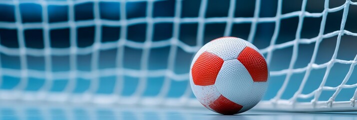 Handball Goal with a Red and White Ball - A red and white handball rests on the floor beside a white net, symbolizing sport, competition, teamwork, victory, and achievement.