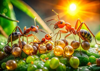 Vibrant, colorful, shallow-depth-of-field Worm's Eye View Shot of adult ants tending to eggs, larvae, and pupae, amidst dewy, green vegetation, early morning, warm golden light.