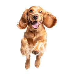 A joyful dog leaping in happiness isolated on a white background.