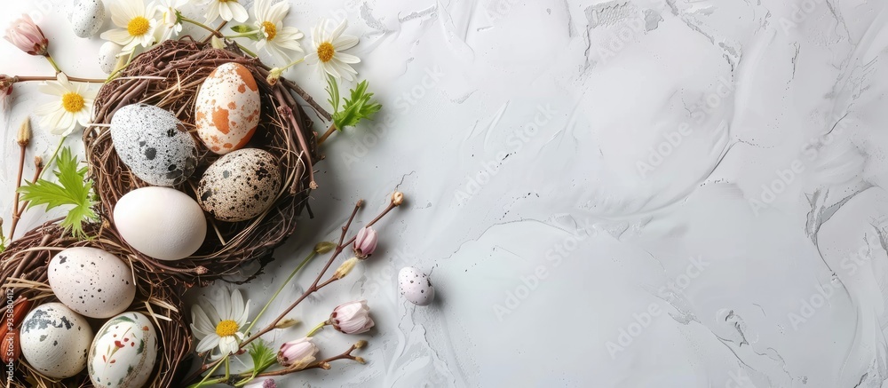 Poster spring easter holiday top view flat lay background featuring eggs in nests and spring flowers greeti