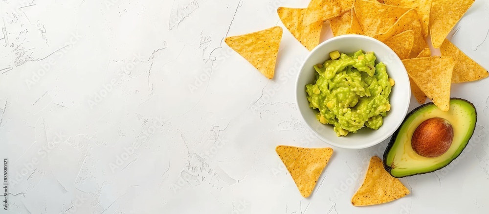 Poster tasty guacamole avocado and chips on a white background viewed from above area for text. copy space 
