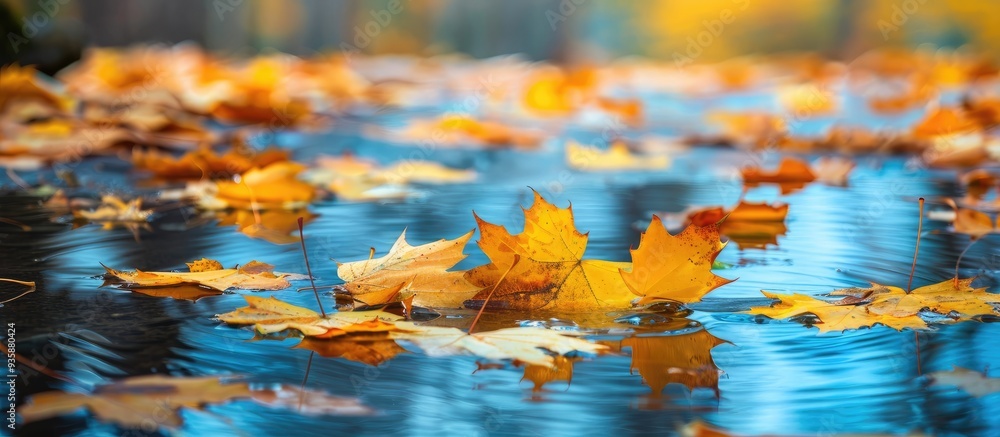 Canvas Prints Autumn yellow maple leaves on a shimmering water surface Fallen leaves in the stream Stunning natural backdrop copy space