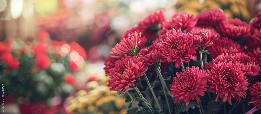 Poster red chrysanthemums bouquet in flower shop as backdrop. copy space image. place for adding text and d