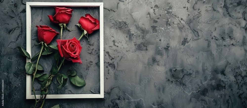 Poster roses within a white frame on a stone surface this serves as a background for valentine s day and lo