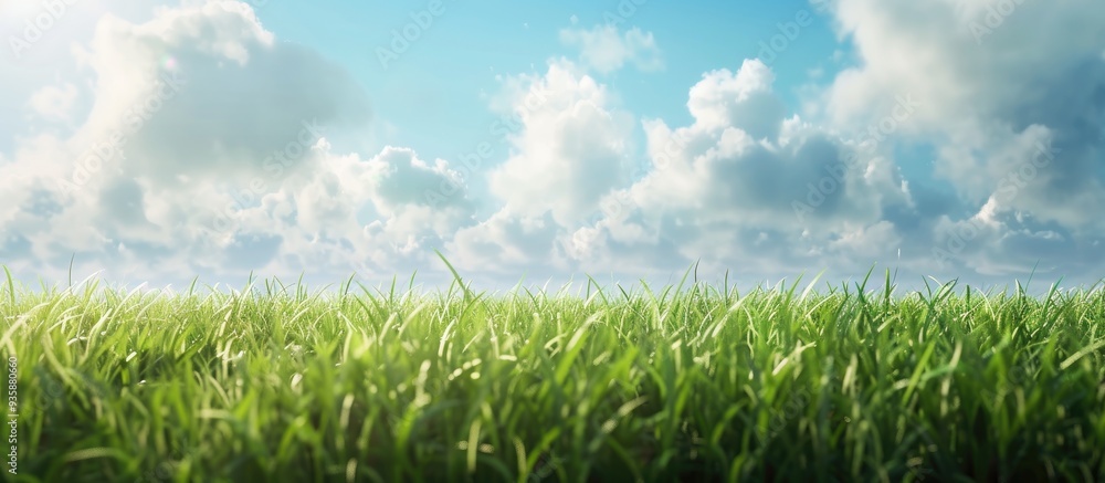 Poster green grass field and blue sky create a summer landscape backdrop. copy space image. place for addin