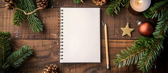 Zero waste Christmas backdrop featuring a notebook and pencil for New Year resolutions alongside a Christmas frame adorned with fir tree branches pine cones and a candle star on a wooden surface